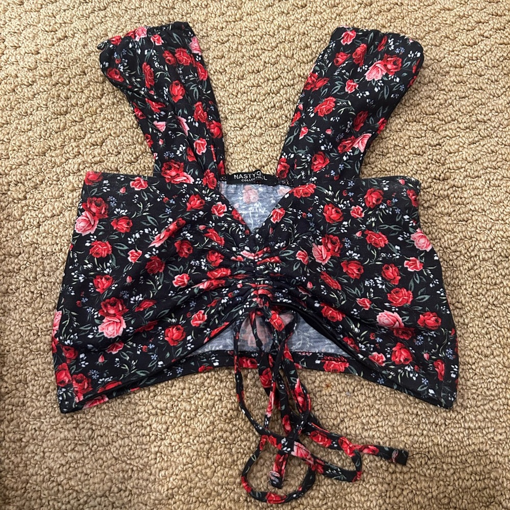 NASTY GAL Black, Red and Pink Floral Crop Top